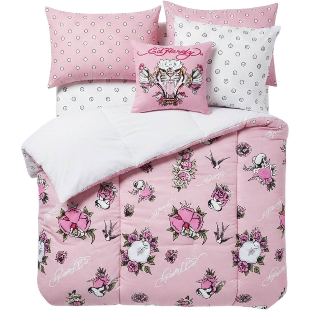 Ed Hardy Pink Tattoo Skull Heart 8 Piece Reversible Queen Bedding Comforter Set